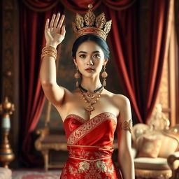 A 19-year-old beautiful and ideal young woman with a proportional body, portraying a role as a queen of the Javanese kingdom