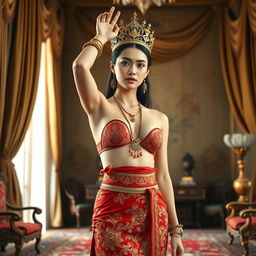 A 19-year-old beautiful and ideal young woman with a proportional body, portraying a role as a queen of the Javanese kingdom