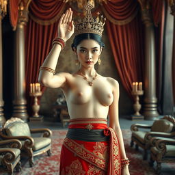 A 19-year-old beautiful and ideal young woman with a proportional body, portraying a role as a queen of the Javanese kingdom