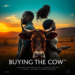 A cinematic movie poster titled 'Buying the Cow' featuring a black couple, a man and a woman, standing back-to-back