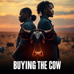 A cinematic movie poster titled 'Buying the Cow' featuring a black couple, a man and a woman, standing back-to-back