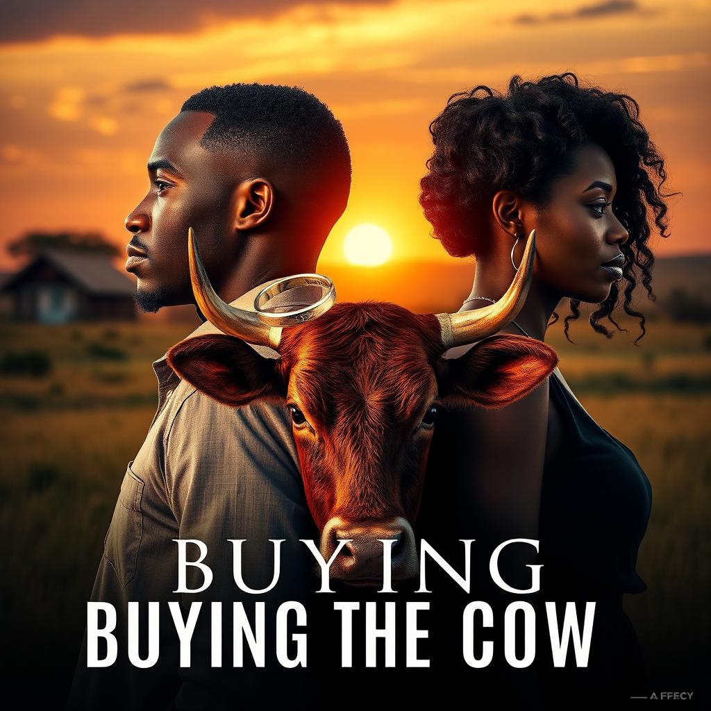 A cinematic movie poster titled 'Buying the Cow' featuring a black couple, a man and a woman, standing back-to-back