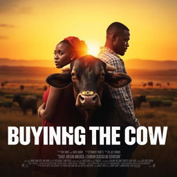 A cinematic movie poster titled 'Buying the Cow' featuring a black couple, a man and a woman, standing back-to-back