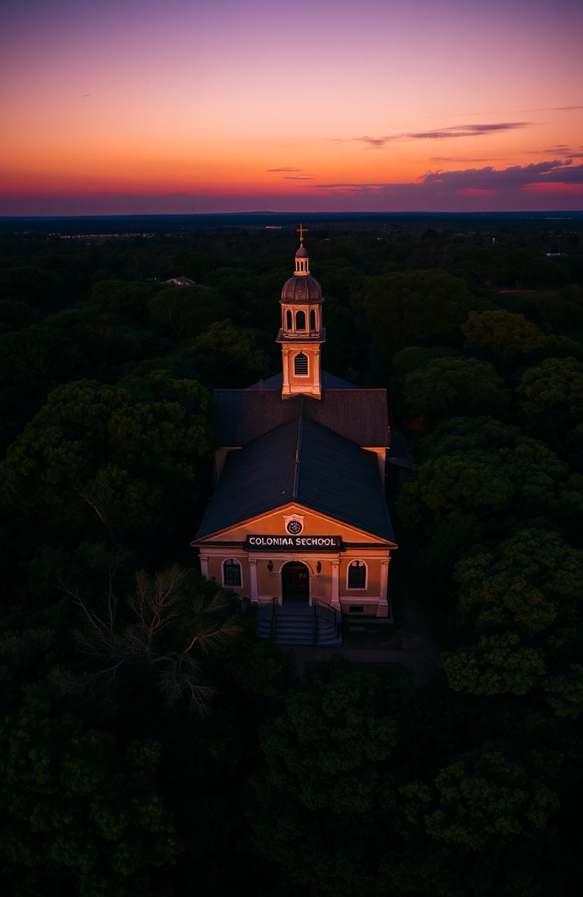 Aerial view of an old colonial-style school surrounded by lush trees