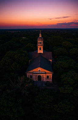 Aerial view of an old colonial-style school surrounded by lush trees