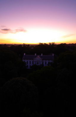 Aerial view of an old colonial-style school surrounded by lush trees