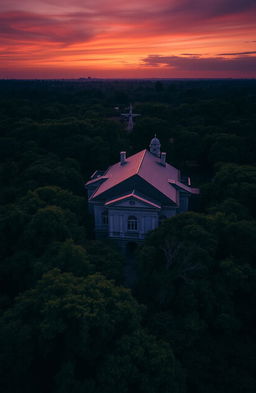 Aerial view of an old colonial-style school surrounded by lush trees