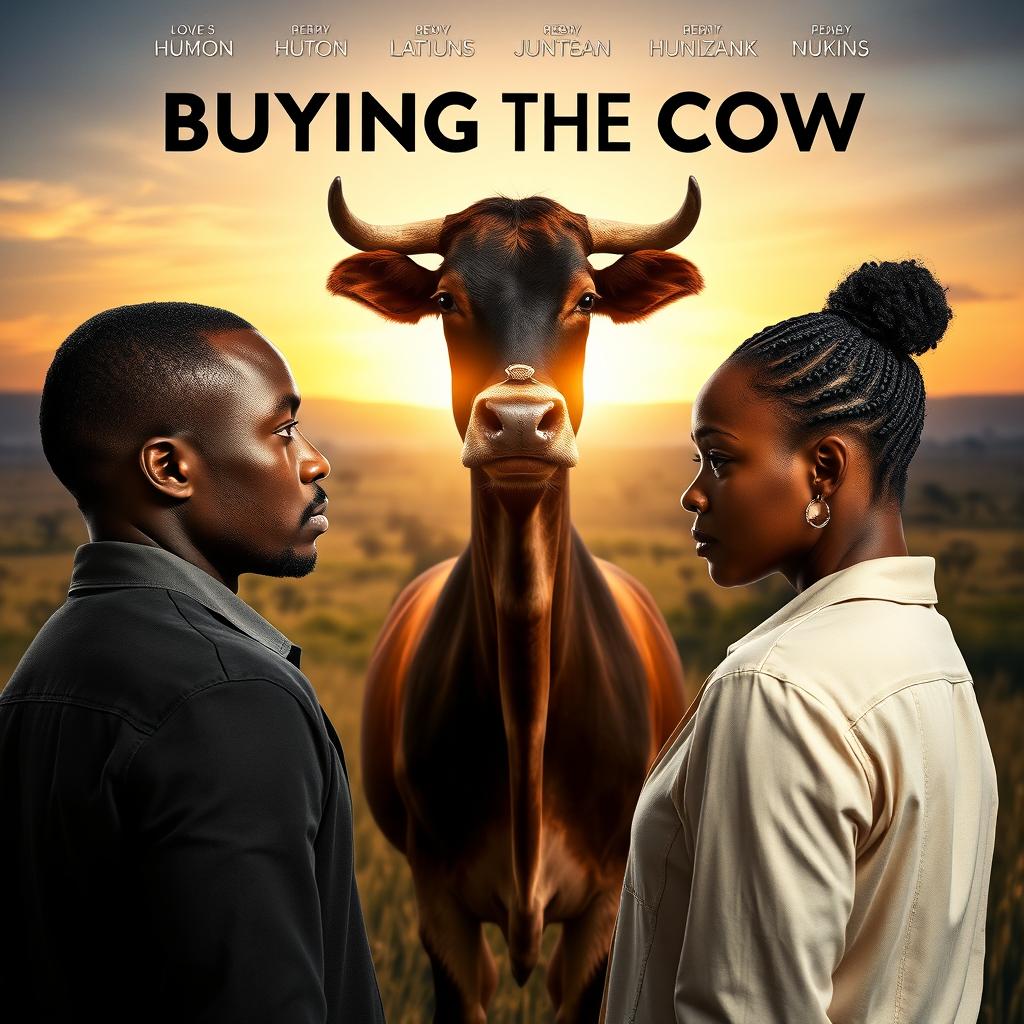 A movie poster featuring a black couple facing away from each other, with an African veld as the backdrop illuminated by a golden hour glow