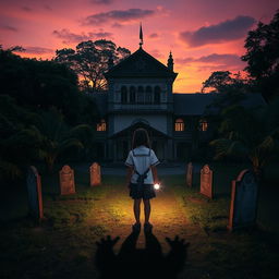 Aerial view of an old colonial-style school surrounded by lush trees, with a large, ancient school building featuring traditional Javanese architecture towering in the center