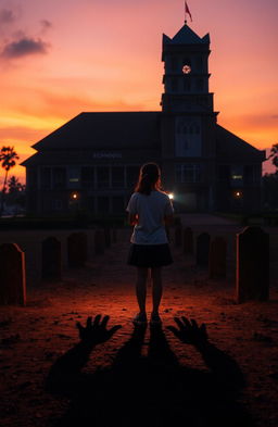 A captivating and mysterious scene depicting a twilight sky colored in hues of orange and purple, casting long shadows and creating a mysterious atmosphere