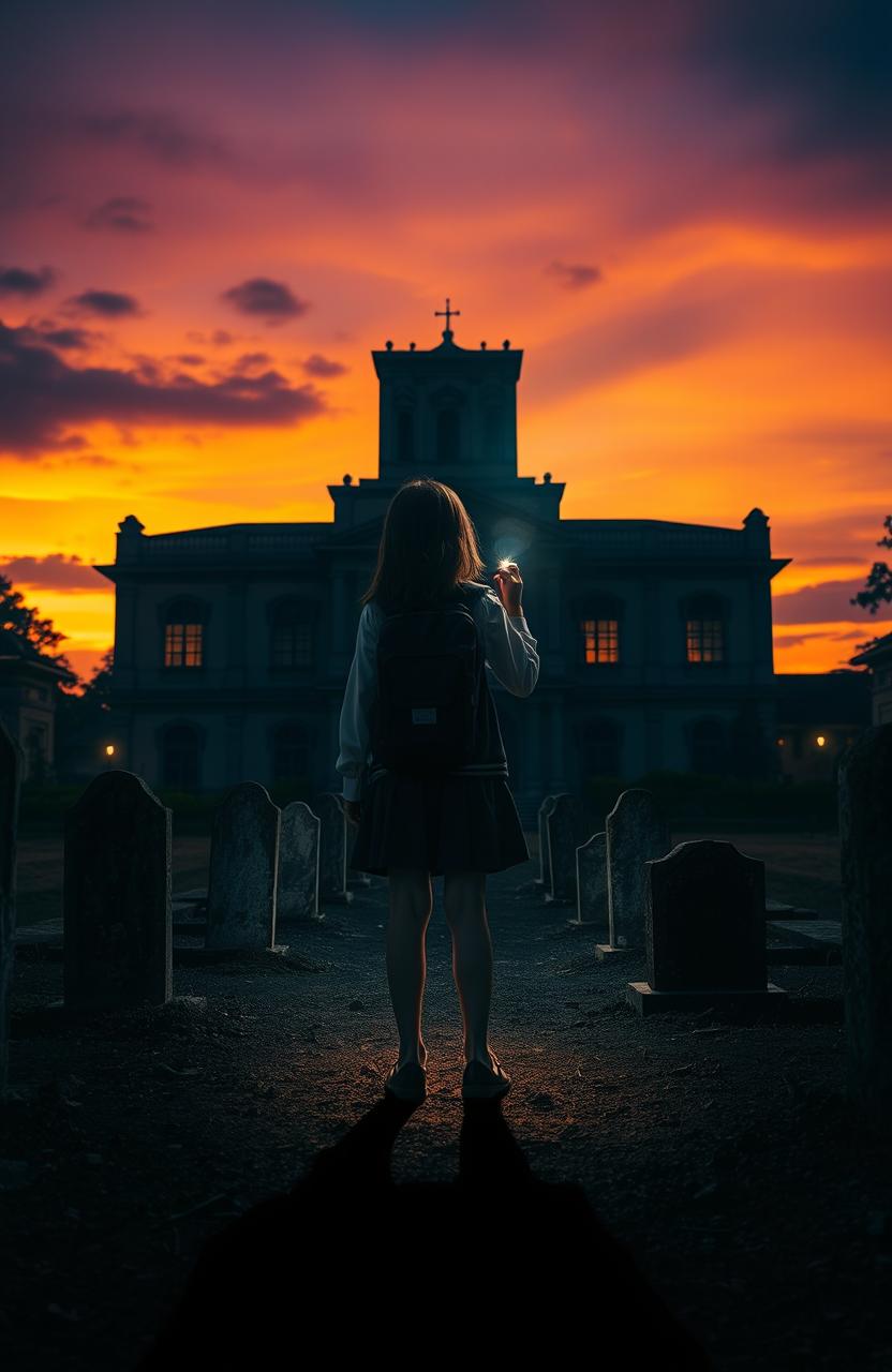 A captivating and mysterious scene depicting a twilight sky colored in hues of orange and purple, casting long shadows and creating a mysterious atmosphere