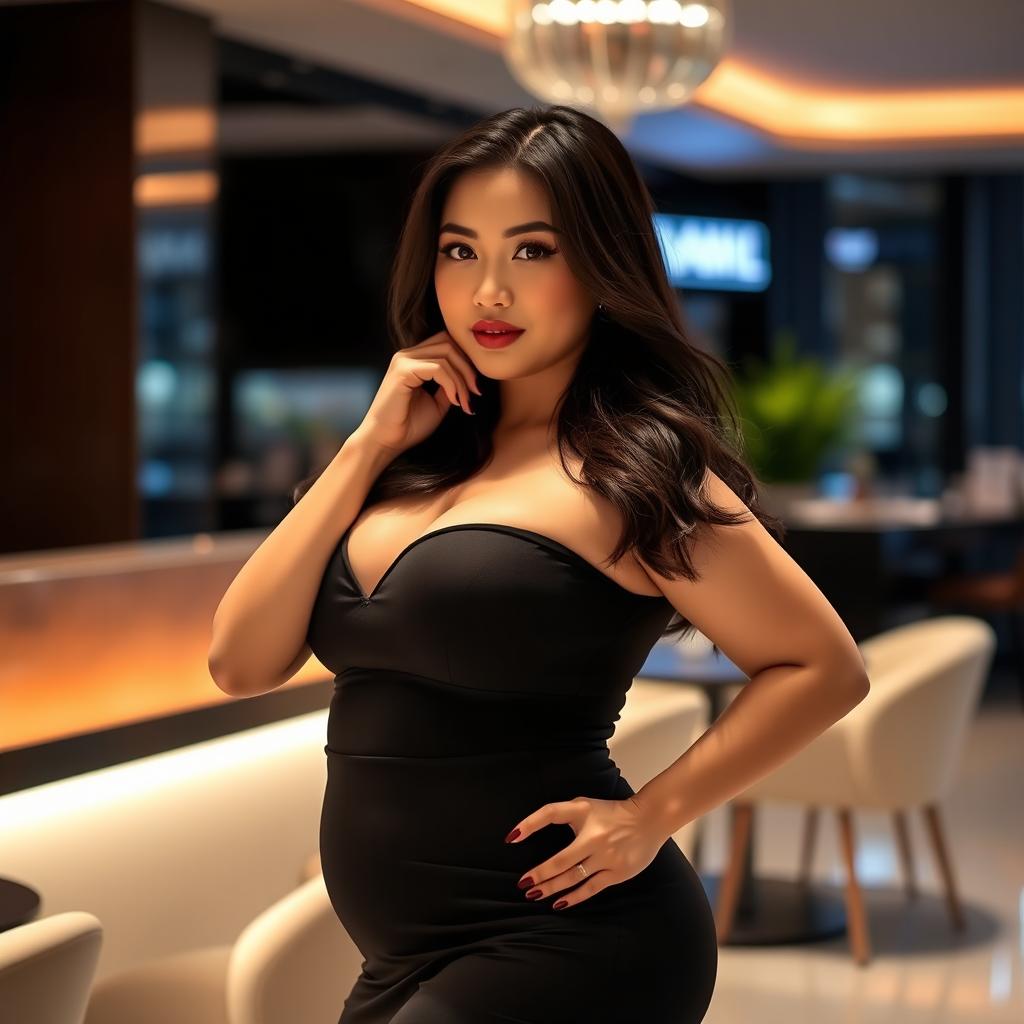 A voluptuous and attractive Asian woman with a curvy figure, emphasizing her confident and alluring presence