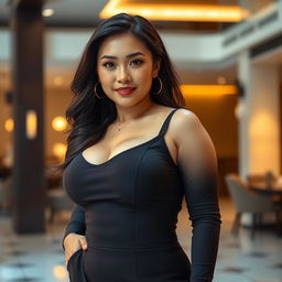 A voluptuous and attractive Asian woman with a curvy figure, emphasizing her confident and alluring presence