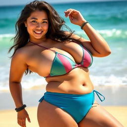 A voluptuous, attractive Asian woman wearing a bikini, posing confidently at the beach