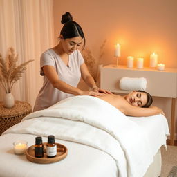 A serene massage therapy scene featuring a tranquil spa setting with soft, ambient lighting and calming decorations