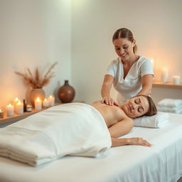 A serene massage therapy scene featuring a tranquil spa setting with soft, ambient lighting and calming decorations