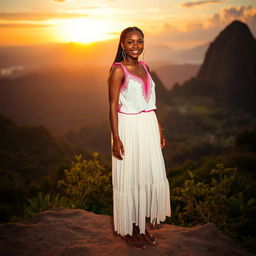 A beautiful indigenous woman with dark skin, wearing a white and pink top and a long, thin, white skirt, standing barefoot while watching the sunrise over El Dorado