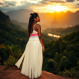 A beautiful indigenous woman with dark skin, wearing a white and pink top and a long, thin, white skirt, standing barefoot while watching the sunrise over El Dorado