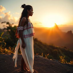 A beautiful indigenous woman with dark skin, wearing a white and pink top and a long, thin, white skirt, standing barefoot while watching the sunrise over El Dorado