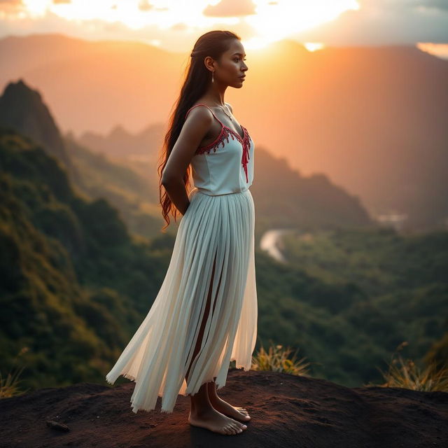 A beautiful indigenous woman with dark skin, wearing a white and pink top and a long, thin, white skirt, standing barefoot while watching the sunrise over El Dorado