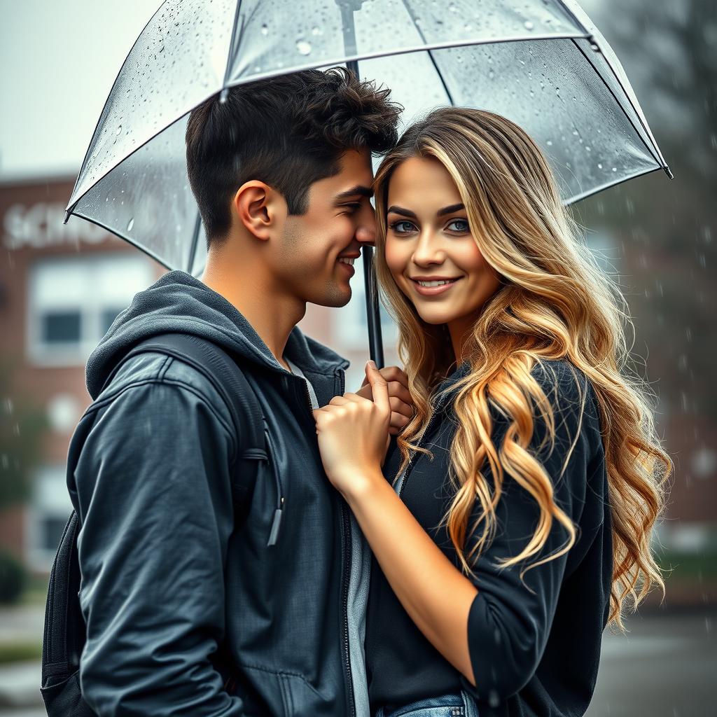 A captivating romance book cover featuring a blonde high school girl and a brunette high school guy in a romantic pose under the rain