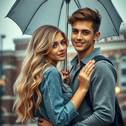 A captivating romance book cover featuring a blonde high school girl and a brunette high school guy in a romantic pose under the rain