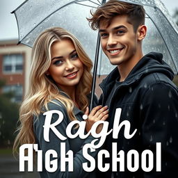 A captivating romance book cover featuring a blonde high school girl and a brunette high school guy in a romantic pose under the rain