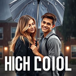 A captivating romance book cover featuring a blonde high school girl and a brunette high school guy in a romantic pose under the rain