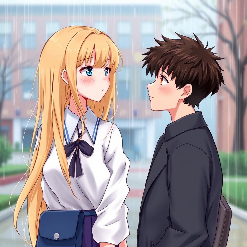 A romantic book cover featuring a blonde high school girl with long hair, wearing a stylish school uniform, and a brunette high school guy with a charming appearance