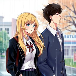 A romantic book cover featuring a blonde high school girl with long hair, wearing a stylish school uniform, and a brunette high school guy with a charming appearance