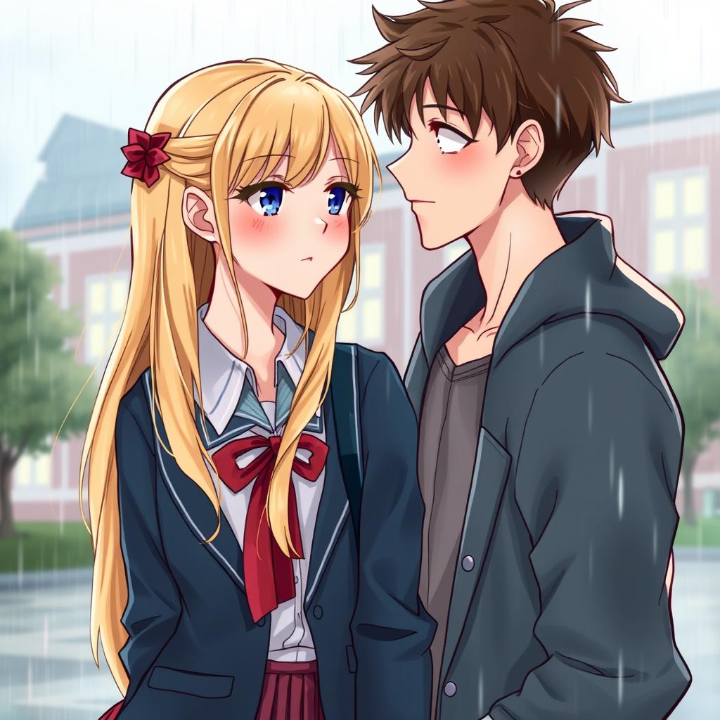 A romantic book cover featuring a blonde high school girl with long hair, wearing a stylish school uniform, and a brunette high school guy with a charming appearance