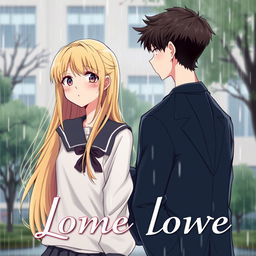 A romantic book cover featuring a blonde high school girl with long hair, wearing a stylish school uniform, and a brunette high school guy with a charming appearance