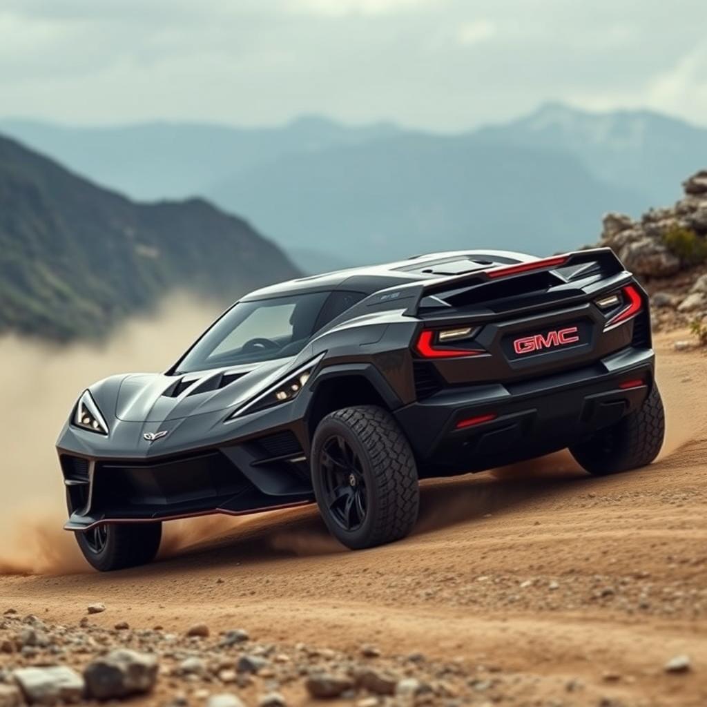 A unique vehicle combining elements of the Corvette C8 Z06 and GMC Hummer EV, driving through a rugged mountain dirt road