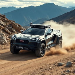 A unique vehicle combining elements of the Corvette C8 Z06 and GMC Hummer EV, driving through a rugged mountain dirt road