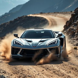 A unique vehicle combining elements of the Corvette C8 Z06 and GMC Hummer EV, driving through a rugged mountain dirt road