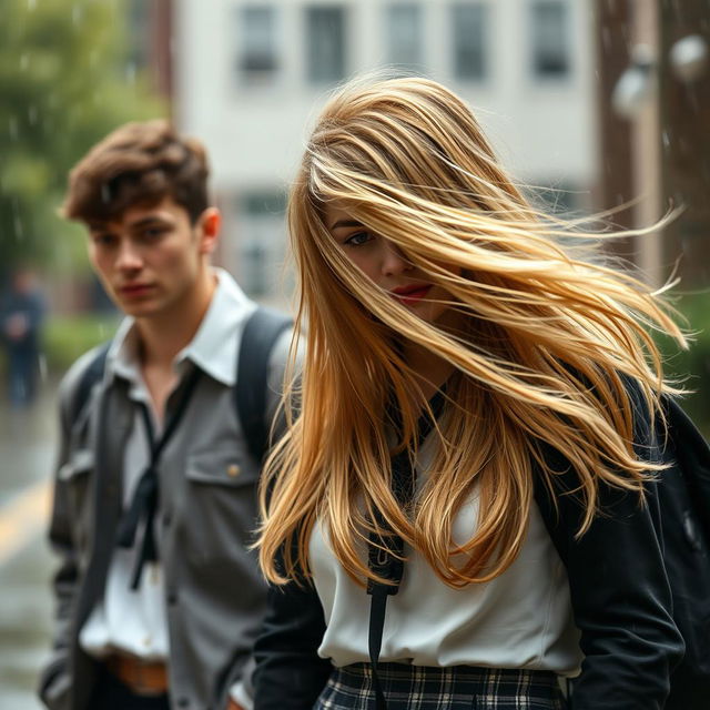 A photography-style romance book cover featuring a blonde high school girl with long, flowing hair, wearing a chic school uniform, and a brunette high school guy dressed in a casual, yet stylish outfit