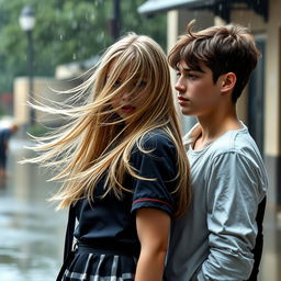 A photography-style romance book cover featuring a blonde high school girl with long, flowing hair, wearing a chic school uniform, and a brunette high school guy dressed in a casual, yet stylish outfit