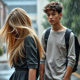 A photography-style romance book cover featuring a blonde high school girl with long, flowing hair, wearing a chic school uniform, and a brunette high school guy dressed in a casual, yet stylish outfit