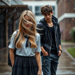 A photography-style romance book cover featuring a blonde high school girl with long, flowing hair, wearing a chic school uniform, and a brunette high school guy dressed in a casual, yet stylish outfit