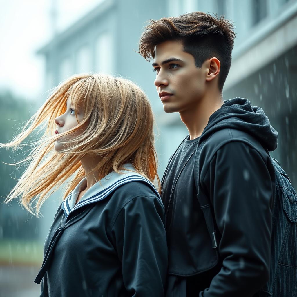 A photography-style romance book cover featuring a blonde high school girl with her hair flowing gently in the rain, wearing a neat school uniform, and a brunette high school guy with a handsome, thoughtful expression, dressed in a casual yet stylish outfit