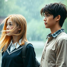 A photography-style romance book cover featuring a blonde high school girl with her hair flowing gently in the rain, wearing a neat school uniform, and a brunette high school guy with a handsome, thoughtful expression, dressed in a casual yet stylish outfit