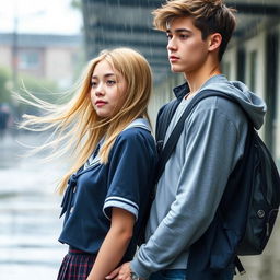 A photography-style romance book cover featuring a blonde high school girl with her hair flowing gently in the rain, wearing a neat school uniform, and a brunette high school guy with a handsome, thoughtful expression, dressed in a casual yet stylish outfit