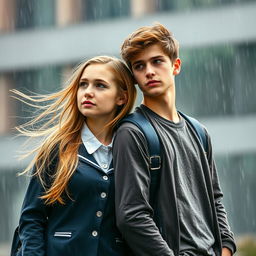 A photography-style romance book cover featuring a blonde high school girl with her hair flowing gently in the rain, wearing a neat school uniform, and a brunette high school guy with a handsome, thoughtful expression, dressed in a casual yet stylish outfit