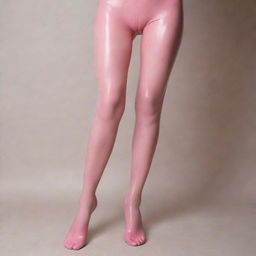 A girl in pink latex pantyhose without shoes, displaying her feet in a tasteful and respectful manner.