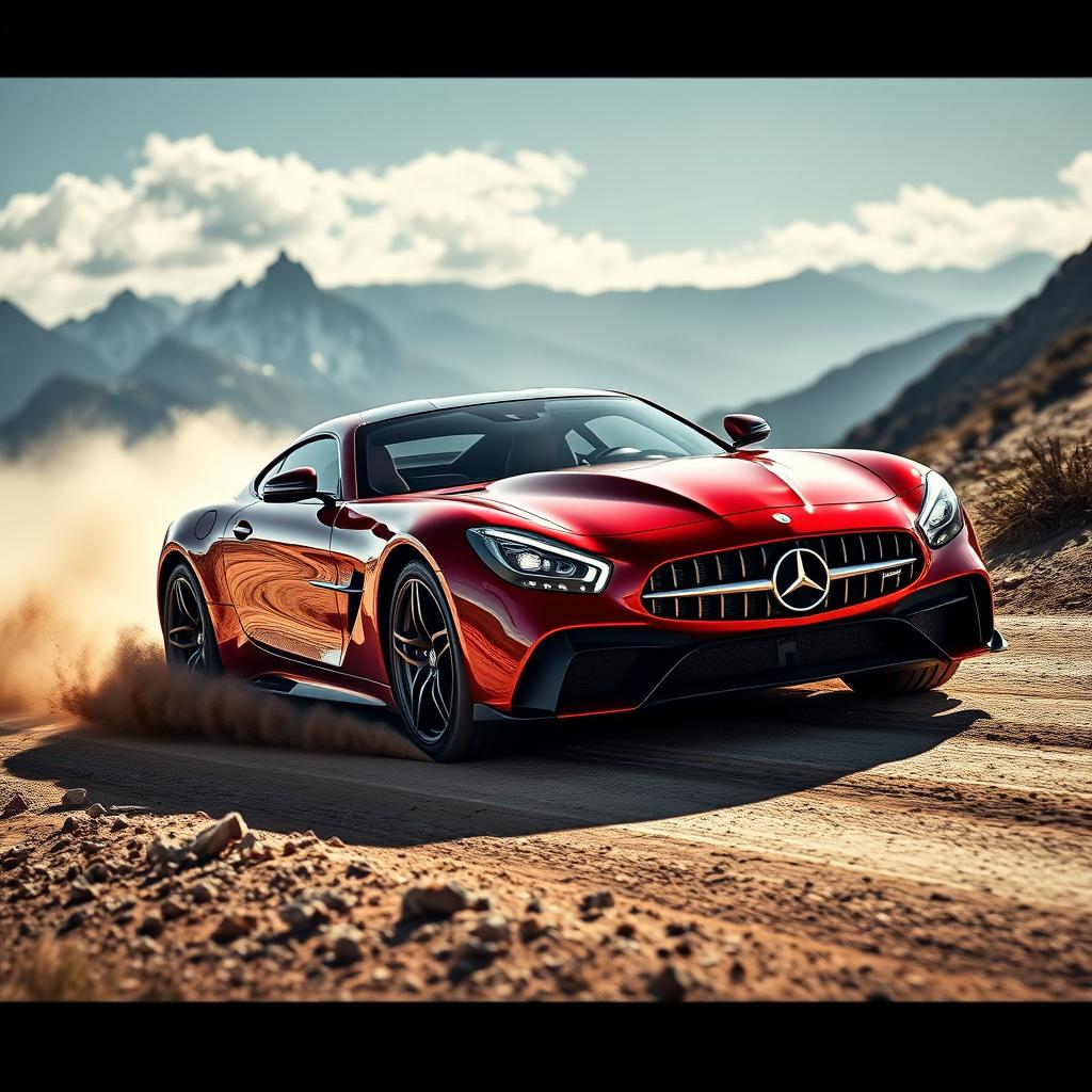 A stunning hybrid vehicle that blends the elegance and power of the LaFerrari with the sophisticated luxury of the Mercedes CLS AMG, racing through a rugged mountain dirt road