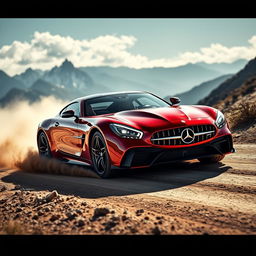 A stunning hybrid vehicle that blends the elegance and power of the LaFerrari with the sophisticated luxury of the Mercedes CLS AMG, racing through a rugged mountain dirt road