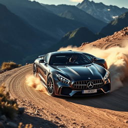 A stunning hybrid vehicle that blends the elegance and power of the LaFerrari with the sophisticated luxury of the Mercedes CLS AMG, racing through a rugged mountain dirt road