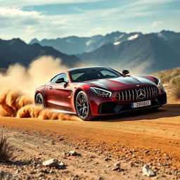 A stunning hybrid vehicle that blends the elegance and power of the LaFerrari with the sophisticated luxury of the Mercedes CLS AMG, racing through a rugged mountain dirt road