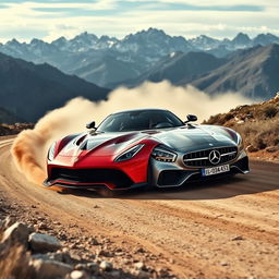 A stunning hybrid vehicle that blends the elegance and power of the LaFerrari with the sophisticated luxury of the Mercedes CLS AMG, racing through a rugged mountain dirt road