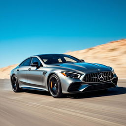 A stunning 4-door sedan that masterfully combines the elegance and power of the LaFerrari with the sophisticated luxury of the Mercedes CLS AMG, speeding under a clear blue sky